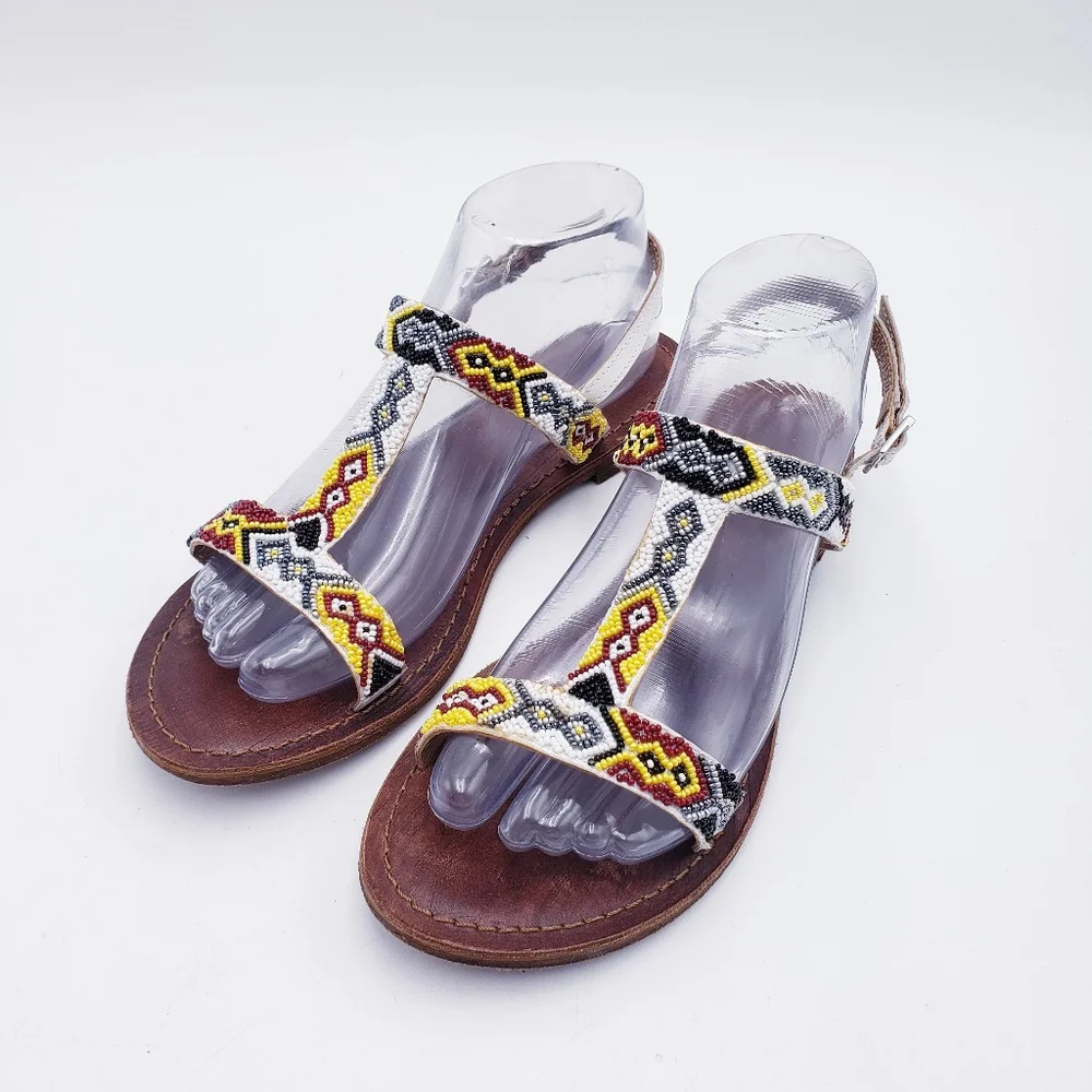 Freebird By Steven Juno Flat‎ Sandal Beaded TStrap Slingback Womens Size 39 8.5